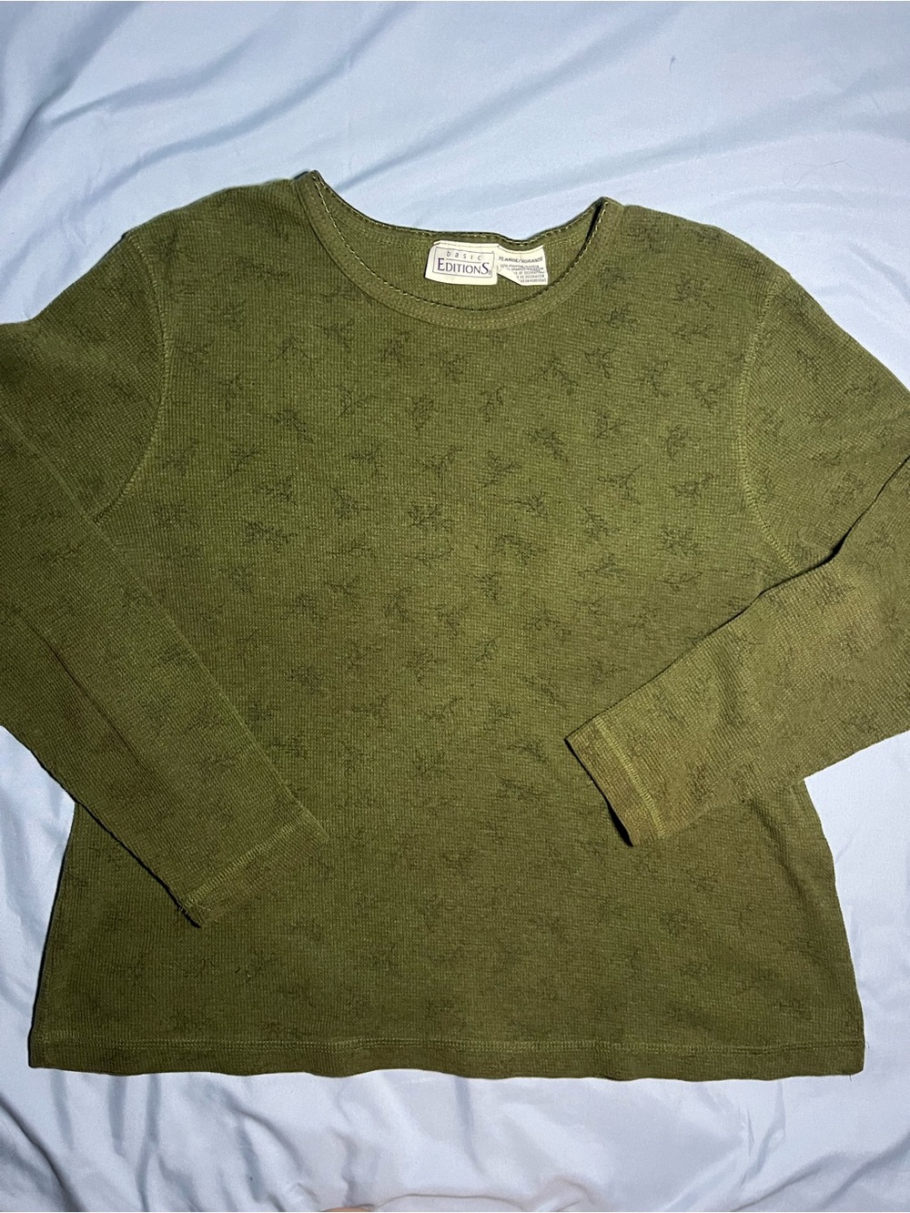 Vintage Basic Editions Olive Green Waffle Knit Thermal Long Sleeve Top (Size XL)